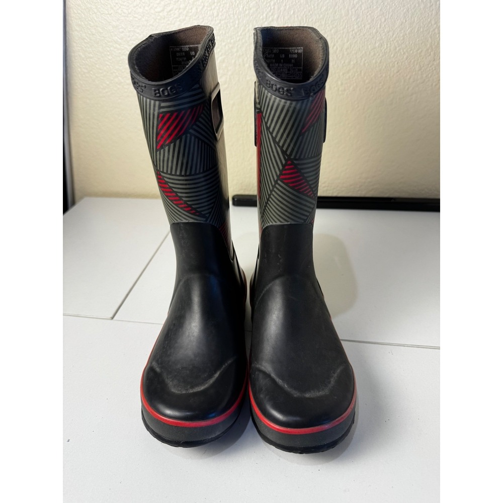 Bogs Rain Boots Kids Youth 1 Geometric Waterproof Insulated Black Red Rubber